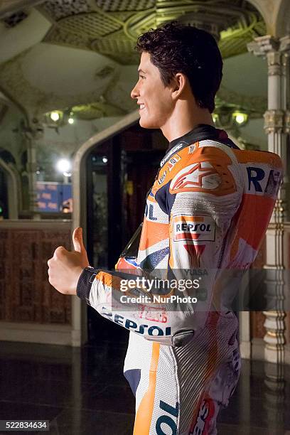 Marc Marquez's Wax figure at Wax Museum on April 21, 2016 in Madrid, Spain. The wax figure, in honor of his sport career, is presented just before...