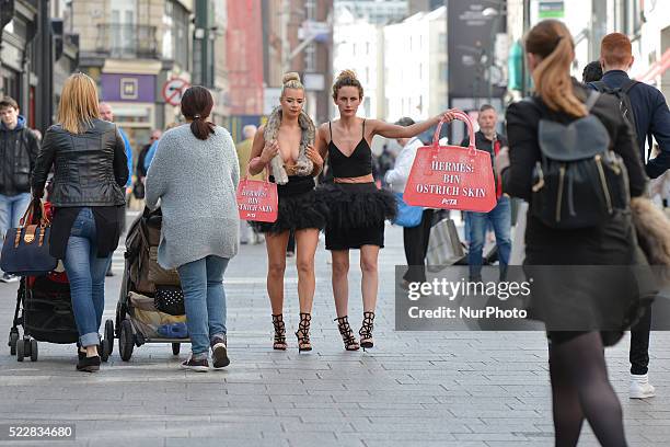 Models, Edita Stasiuleviciute from Lithuania and Katie Doherty from Co.Kerry, covered by an ostrich &quot;corpse&quot; and carrying an handbag-shaped...