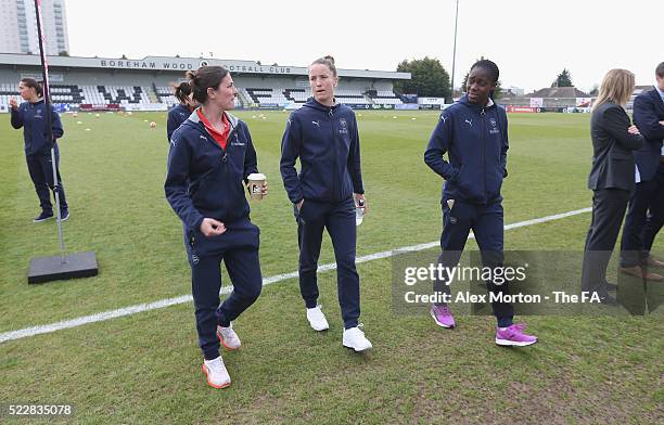 Natalia Pablos Sanchon, Casey Stoney and Asisat Oshoala of Arsenal on the pitch prior to the WSL match between Arsenal Ladies FC and Chelsea Ladies...