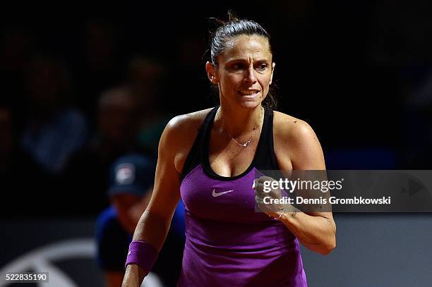 Roberta Vinci of Italy celebrates a point in her match against Julia Goerges of Germany during Day 4 of the Porsche Tennis Grand Prix at...