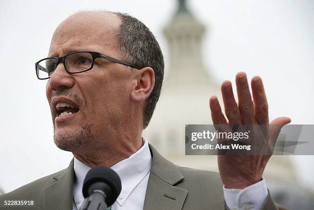 Labor Secretary Thomas Perez speaks during a news conference April 21, 2016 on Capitol Hill in Washington, DC. Congressional Democrats held a news...