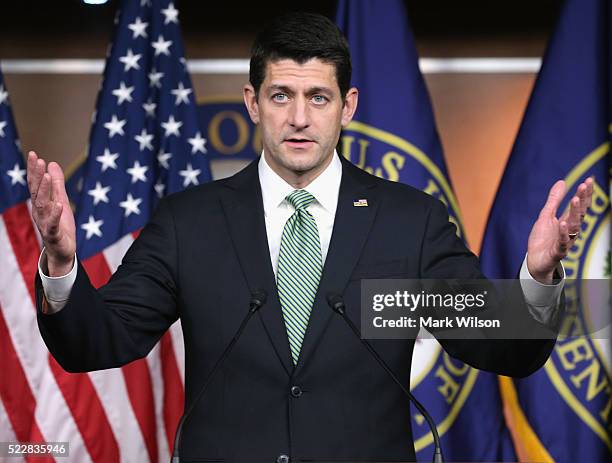 House Speaker Paul Ryan speaks to the media during his weekly news conference on Capitol Hill, on April 21, 2016 in Washington, DC. In a recent...