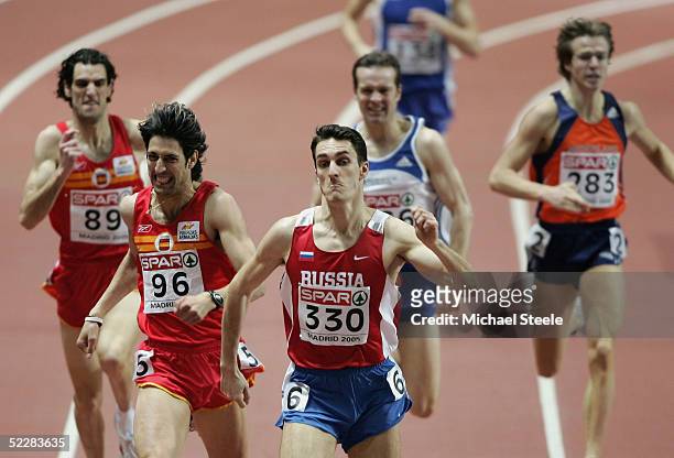 Dmitriy Bogdanov of Russia wins the 800m final during the third day of the European Indoor Athletics Championships 2005 at Comunidad de Madrid Indoor...