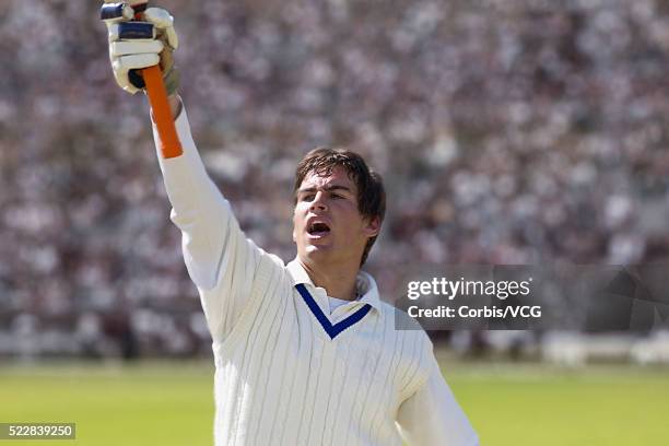 a victorious batsman standing in front of a large crowd - cricket spectator stock pictures, royalty-free photos & images