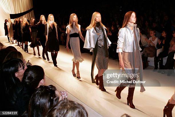 Models walk down the runway at the Chloe fashion show as part of Paris Fashion Week Ready To Wear Autumm/Winter 2006 on March 5, 2005 in Paris,...