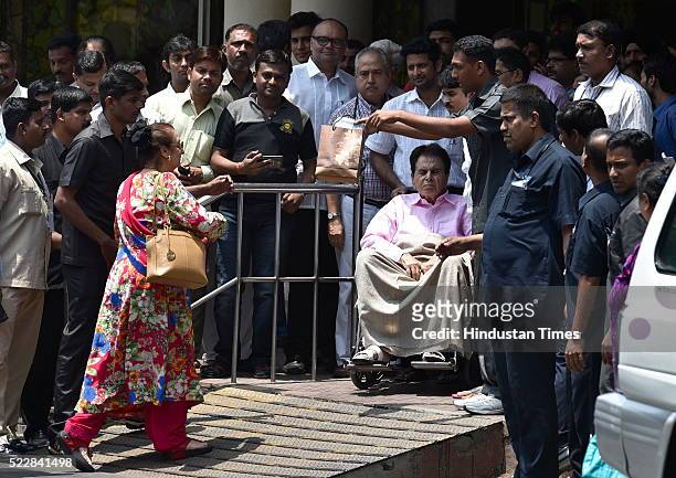 Veteran superstar Dilip Kumar with wife Saira Bano coming out of Lilavati Hospital after a weeklong stay due to respiratory problem on April 21, 2016...