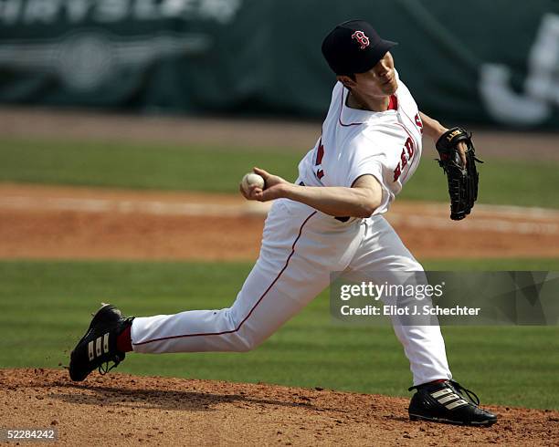 Pitcher Byung-Hyun Kim of the Boston Red Sox delivers a pitch against of the Philadelphia Phillies on March 6, 2005 at Wilbur Billy Smith Field in...
