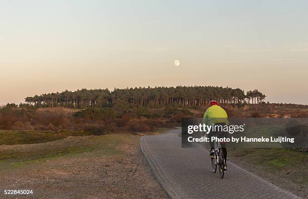 cyclist on a cycle path in national park zuid-kennemerland in the netherlands - spandex stockfoto's en -beelden