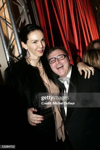 Wren Scott and designer Albert Elbaz are seen backstage at the Lanvin fashion show as part of Paris Fashion Week Ready To Wear Autumm/Winter 2006 on...