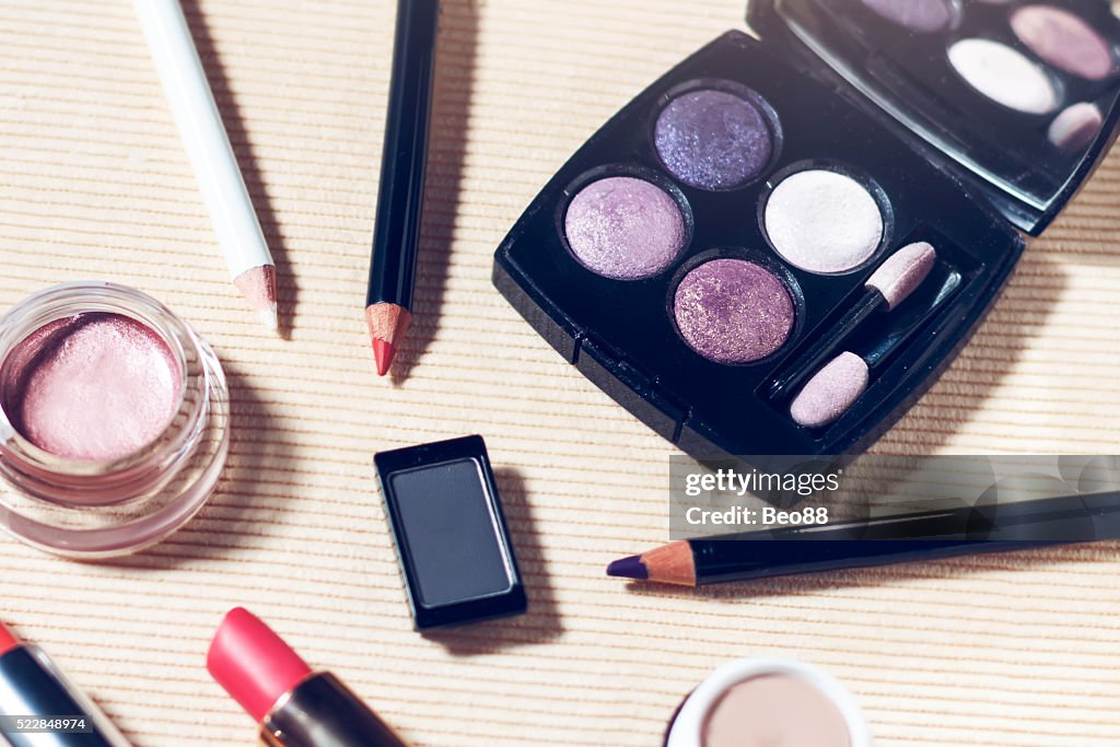Makeup set of eyeshadows, brow powder, primer, lipsticks