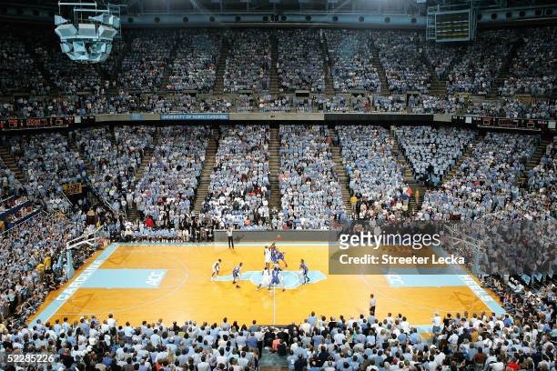 General view of the Duke Blue Devils versus the North Carolina Tar Heels during tip off on March 6, 2005 at the Dean E. Smith Center in Chapel Hill,...
