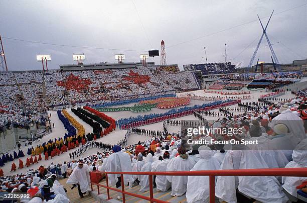 General view of the opening ceremonies of the 1988 Winter Olympics at MacMahon Stadium on Febuary 13, 1988 in Calgary, Canada.