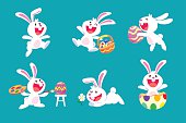 set of white easter rabbit in different poses