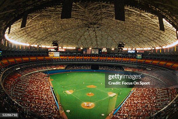 Wide angle view of the Houston Astrodome, during a Astros Baseball game circa 1980's in Houston, Texas.