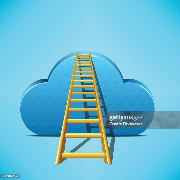 cloud with ladder on blue - step stool stock illustrations