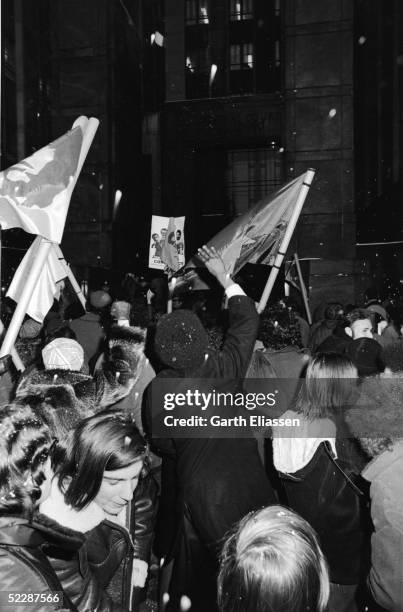 After the barricades are broken, demonstrators begin to spill into the streets in front of the Criminal Courts Building, New York, New York, February...