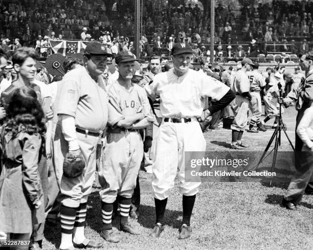 Former players Babe Ruth, George Sisler, Walter Johnson pose together before the first annual Hall of Fame game on June 12, 1939 at Doubleday Field...