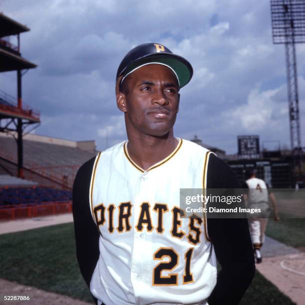 Outfielder Roberto Clemente of the Pittsburgh Pirates poses for a portrait prior to a game in the 1960's at Forbes Field in Pittsburgh, Pennsylvania.