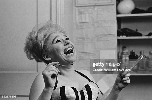 English actress Barbara Windsor in her dressing room preparing for her part in 'Oh! What a Lovely War' at the Broadhurst Theatre, Broadway, New York...