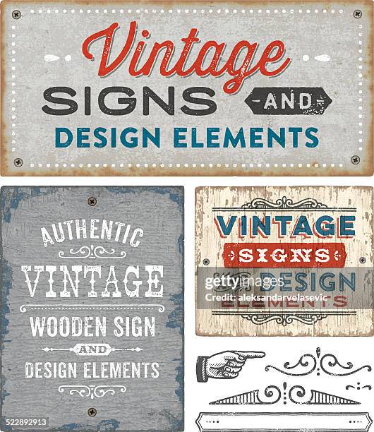 vintage wooden and metal signs - rustiek stock illustrations