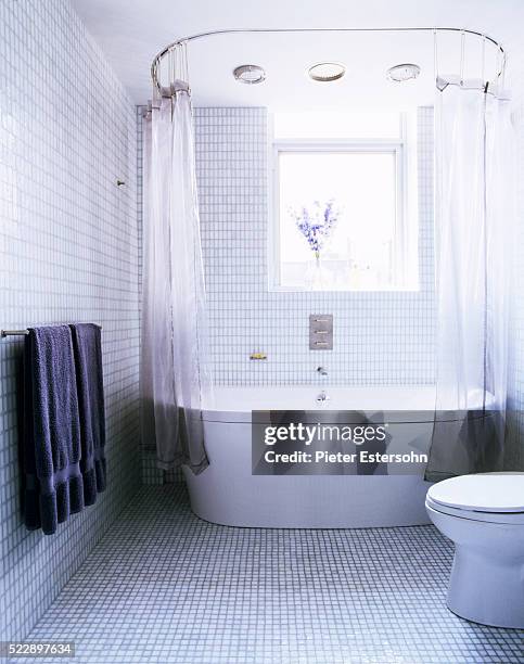 light blue tiled bathroom with white bathtub by window - archive 2006 stockfoto's en -beelden