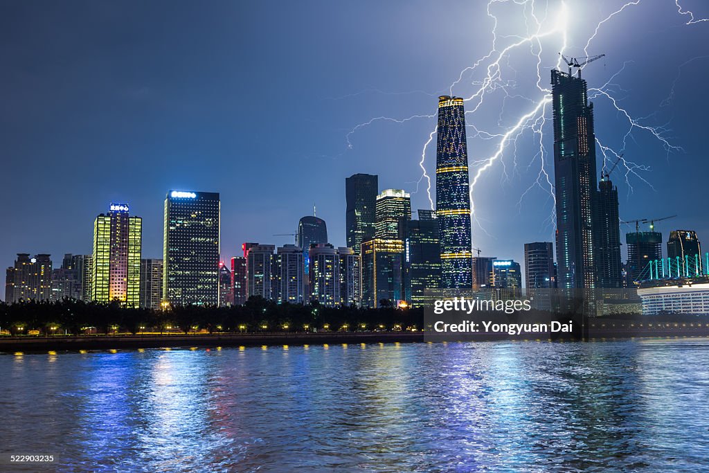 Guangzhou CBD and Thunderstorm at Night