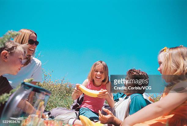 low angle view of a family having a picnic in the grass against blue sky - corbis historical stock-fotos und bilder