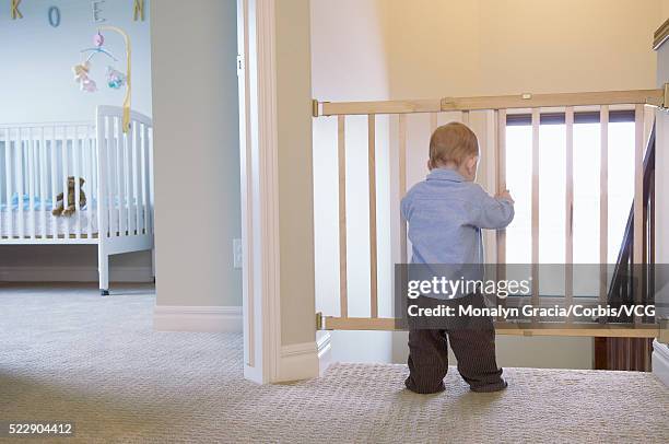 toddler leaning on child safety gate - baby gate stock pictures, royalty-free photos & images