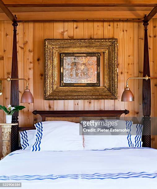 front view of a cozy white bed in the bedroom - the oak room stock pictures, royalty-free photos & images