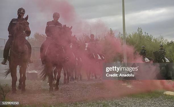 Gendarme forces ride horses during a training at the Gendarme Horse and Dog Training Center in Nevsehir, Turkey on April 21, 2016. Horses and dogs...