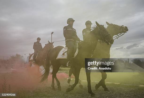 Gendarme forces ride horses during a training at the Gendarme Horse and Dog Training Center in Nevsehir, Turkey on April 21, 2016. Horses and dogs...