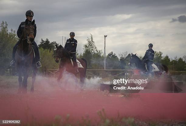 Gendarme forces ride horses during a training at the Gendarme Horse and Dog Training Center in Nevsehir, Turkey on April 21, 2016. Horses and dogs...