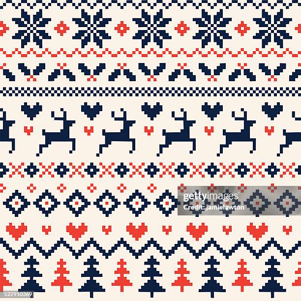 stockillustraties, clipart, cartoons en iconen met handmade seamless christmas pattern with reindeer, hearts, christmas trees and snowflakes - reindeer