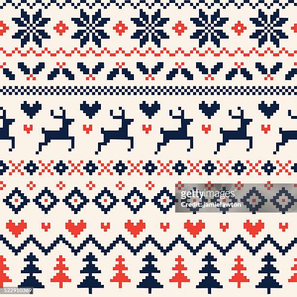 handmade seamless christmas pattern with reindeer, hearts, christmas trees and snowflakes - holiday stock illustrations