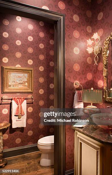 powder room with wallpaper - sconce stock pictures, royalty-free photos & images