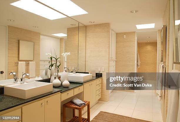 contemporary master bathroom with double sink vanity - bathroom foto e immagini stock