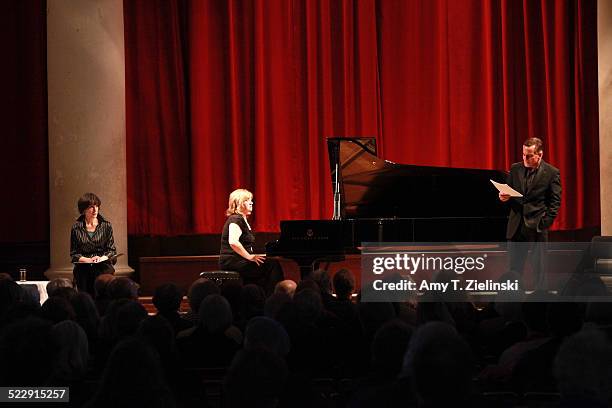 Actress Dame Harriet Walter as Clara Schumann and actor Henry Goodman as Robert Schumann as pianist Lucy Parham plays at a Steinway piano during a...