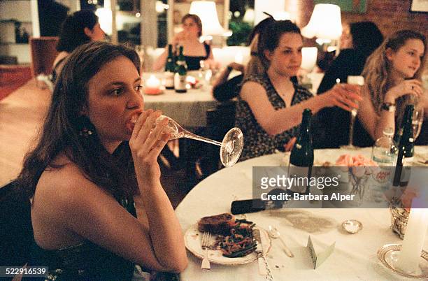American actress, screenwriter, producer and director Lena Dunham hosts a 'Barefoot Formal' dinner party for twelve of her girlfriends from St. Ann's...