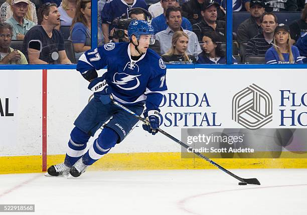 Victor Hedman of the Tampa Bay Lightning skates against the Detroit Red Wings during the second period of Game One of the Eastern Conference...