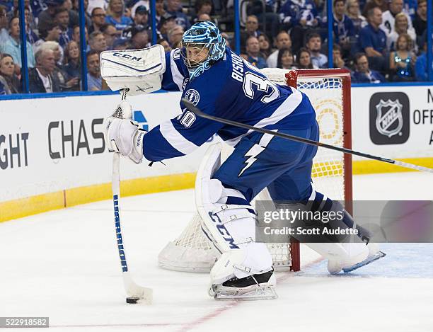 Goalie Ben Bishop of the Tampa Bay Lightning skates against the Detroit Red Wings during the second period of Game One of the Eastern Conference...