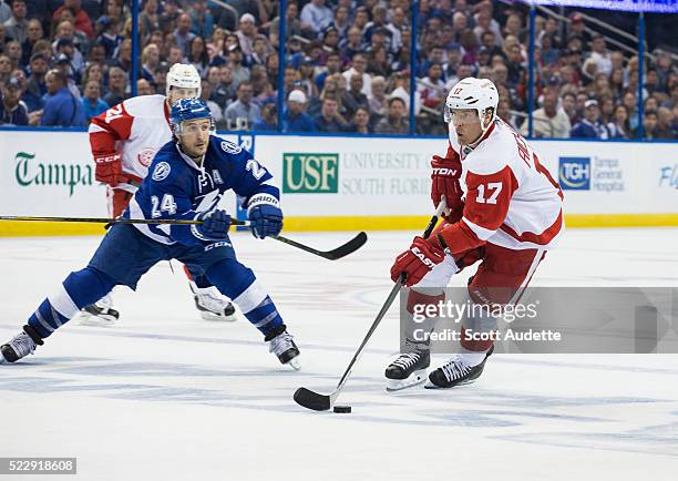 Ryan Callahan of the Tampa Bay Lightning skates against Brad Richards of the Detroit Red Wings during the second period of Game One of the Eastern...