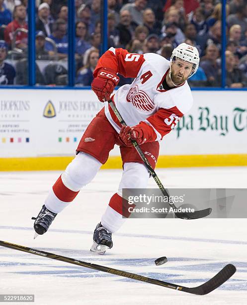 Niklas Kronwall of the Detroit Red Wings skates against the Tampa Bay Lightning during Game One of the Eastern Conference Quarterfinals during the...
