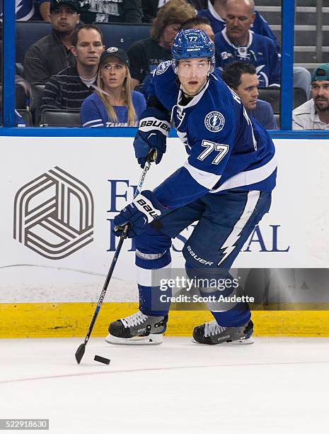 Victor Hedman of the Tampa Bay Lightning skates against the Detroit Red Wings during the second period of Game One of the Eastern Conference...