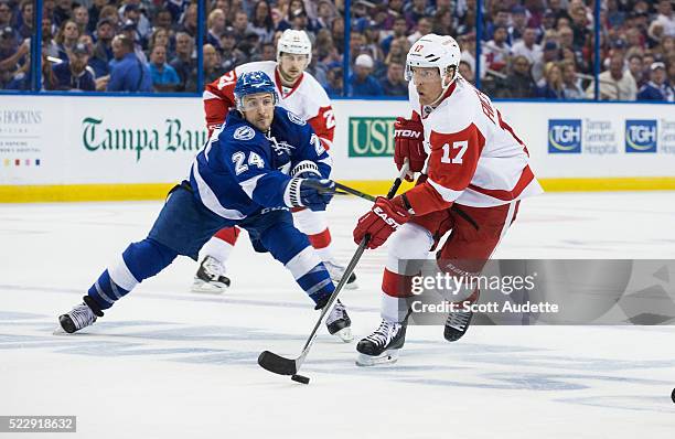 Ryan Callahan of the Tampa Bay Lightning skates against Brad Richards of the Detroit Red Wings during the second period of Game One of the Eastern...