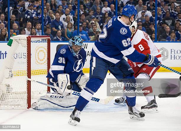 Goalie Ben Bishop of the Tampa Bay Lightning tends net against the Detroit Red Wings during the second period of Game One of the Eastern Conference...