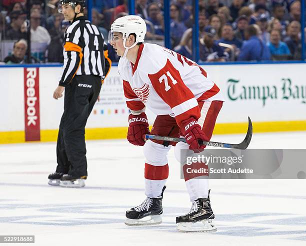 Dylan Larkin of the Detroit Red Wings skates against the Tampa Bay Lightning during Game One of the Eastern Conference Quarterfinals during the 2016...