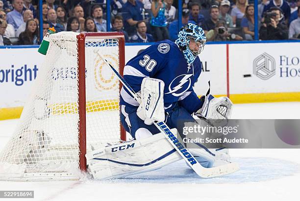 Ben Bishop of the Tampa Bay Lightning skates against the Detroit Red Wings during the second period of Game One of the Eastern Conference...