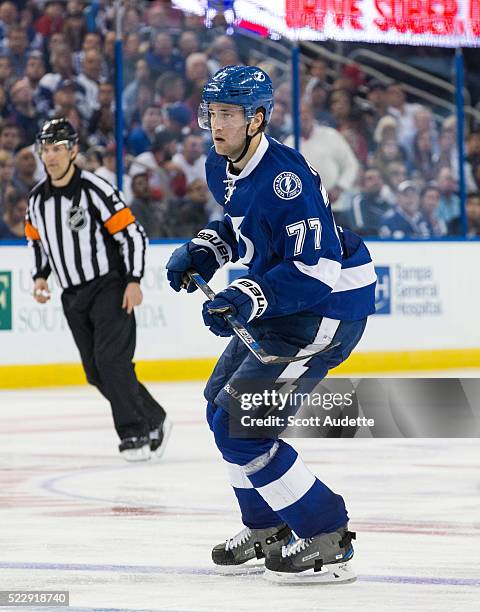 Victor Hedman of the Tampa Bay Lightning skates against the Detroit Red Wings during the third period of Game One of the Eastern Conference...