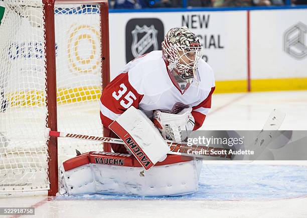 Goalie Jimmy Howard the Detroit Red Wings tends net against Tampa Bay Lightning of Game One of the Eastern Conference Quarterfinals during the 2016...