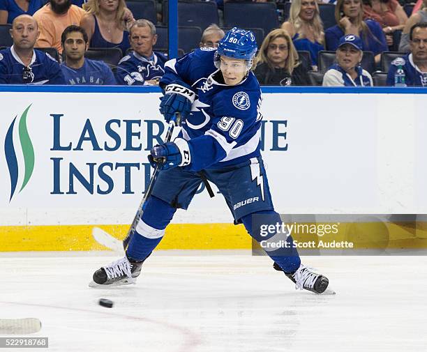 Vladislav Namestnikov of the Tampa Bay Lightning skates against the Detroit Red Wings during the third period of Game One of the Eastern Conference...
